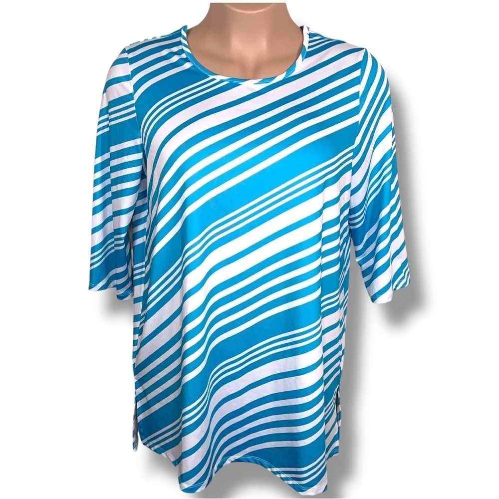 Large Anthony Richards Top Blue White Striped 3/4 Sleeve Stretch Flowy Tunic